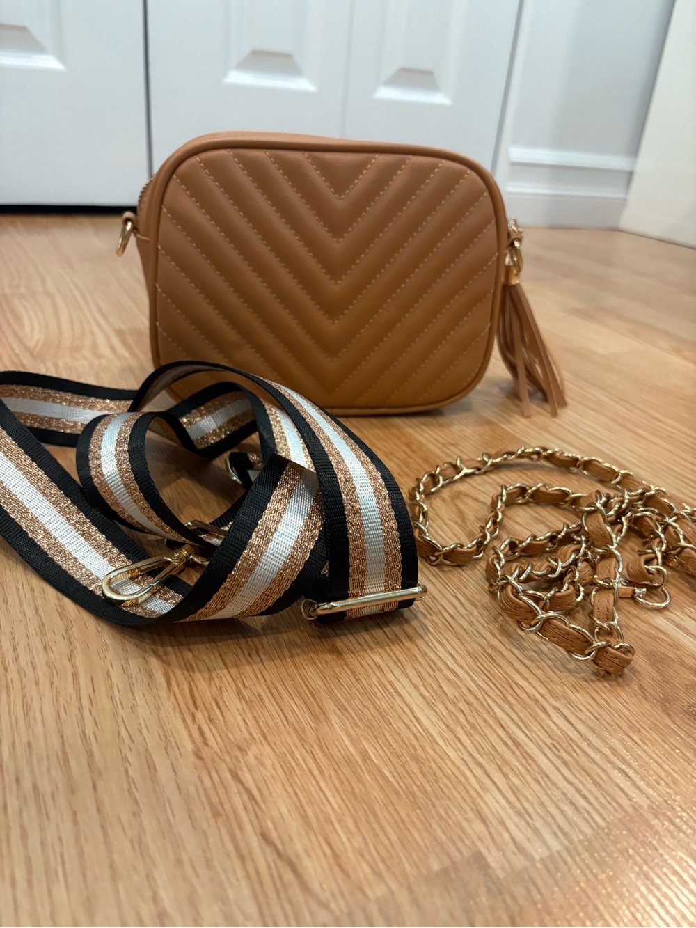 Grace & Lace Caramel Quilted Crossbody with Tassel and Striped Strap